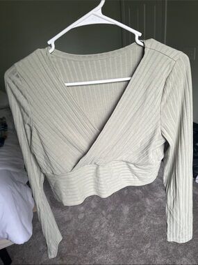 SHEIN Ribbed Surplice Cropped Long-Sleeve Top - Sage Green